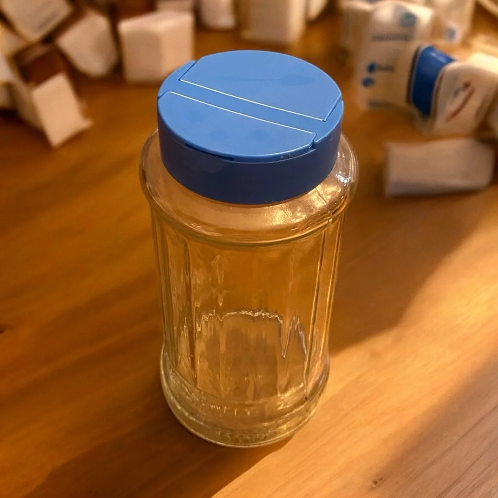 Vintage 1980s NutraSweet Ribbed Glass Counter Jar Retro Shaker Blue